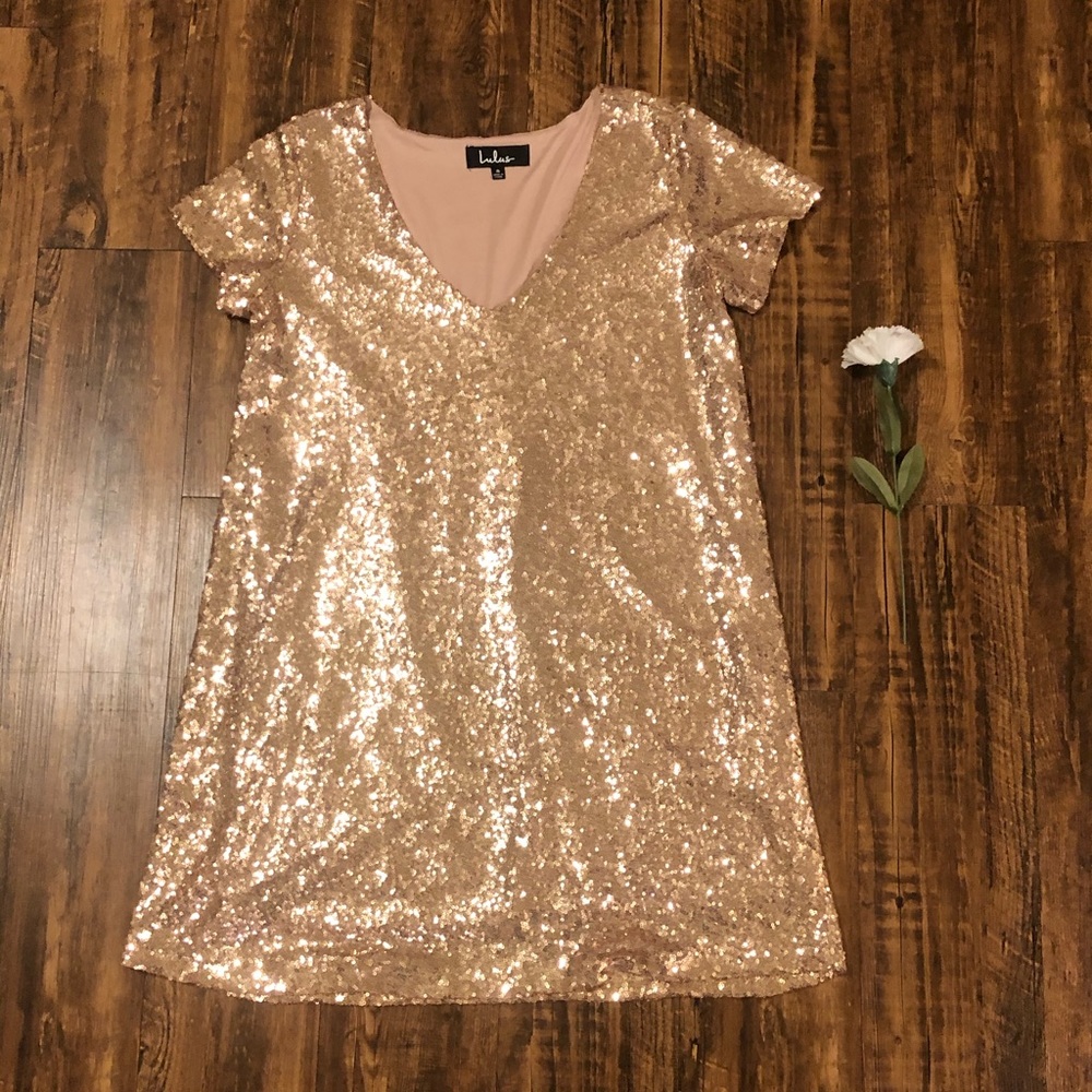 Light Up the Night Champagne Sequin Shift Dress